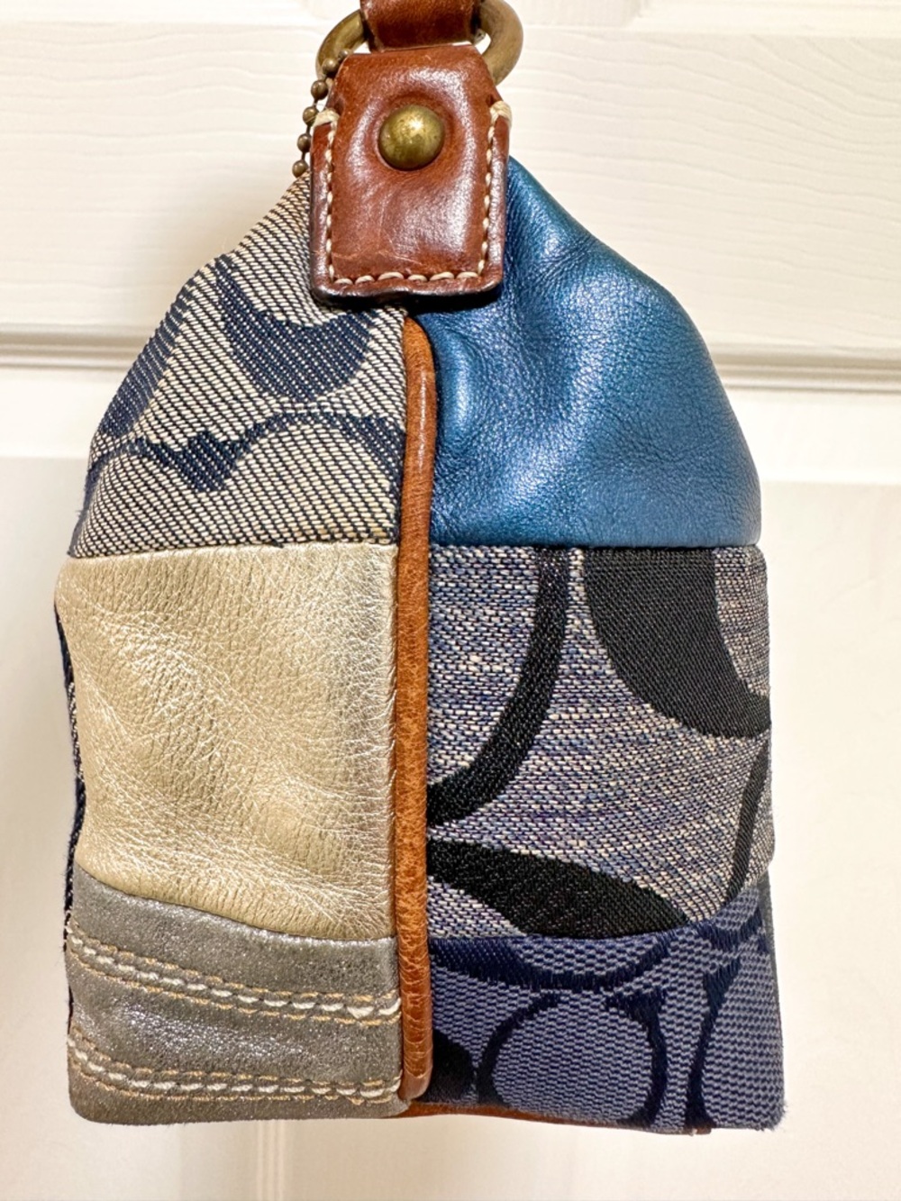 Coach Denim Patchwork Demi Bag Blue Multi Leather Trim Baguette Vintage Y2K - Picture 10 of 14